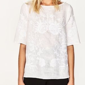 Zara White Linen Floral Embroidered BlouseTop